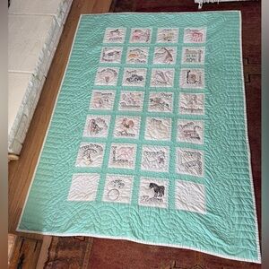 1960’s Mint Green Animal Alphabet hand embroidered vintage Quilt - Twin